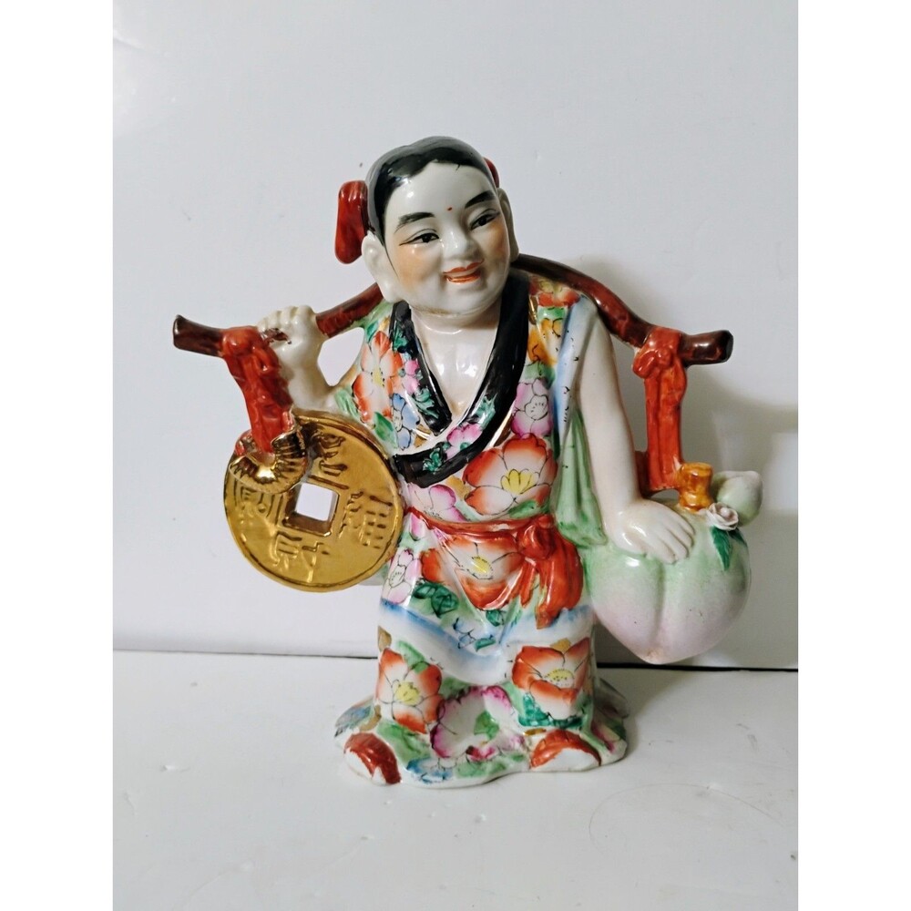 Vintage Chinese Porcelain Figurine Carrying Yoke Longevity Peach Wealth Coin